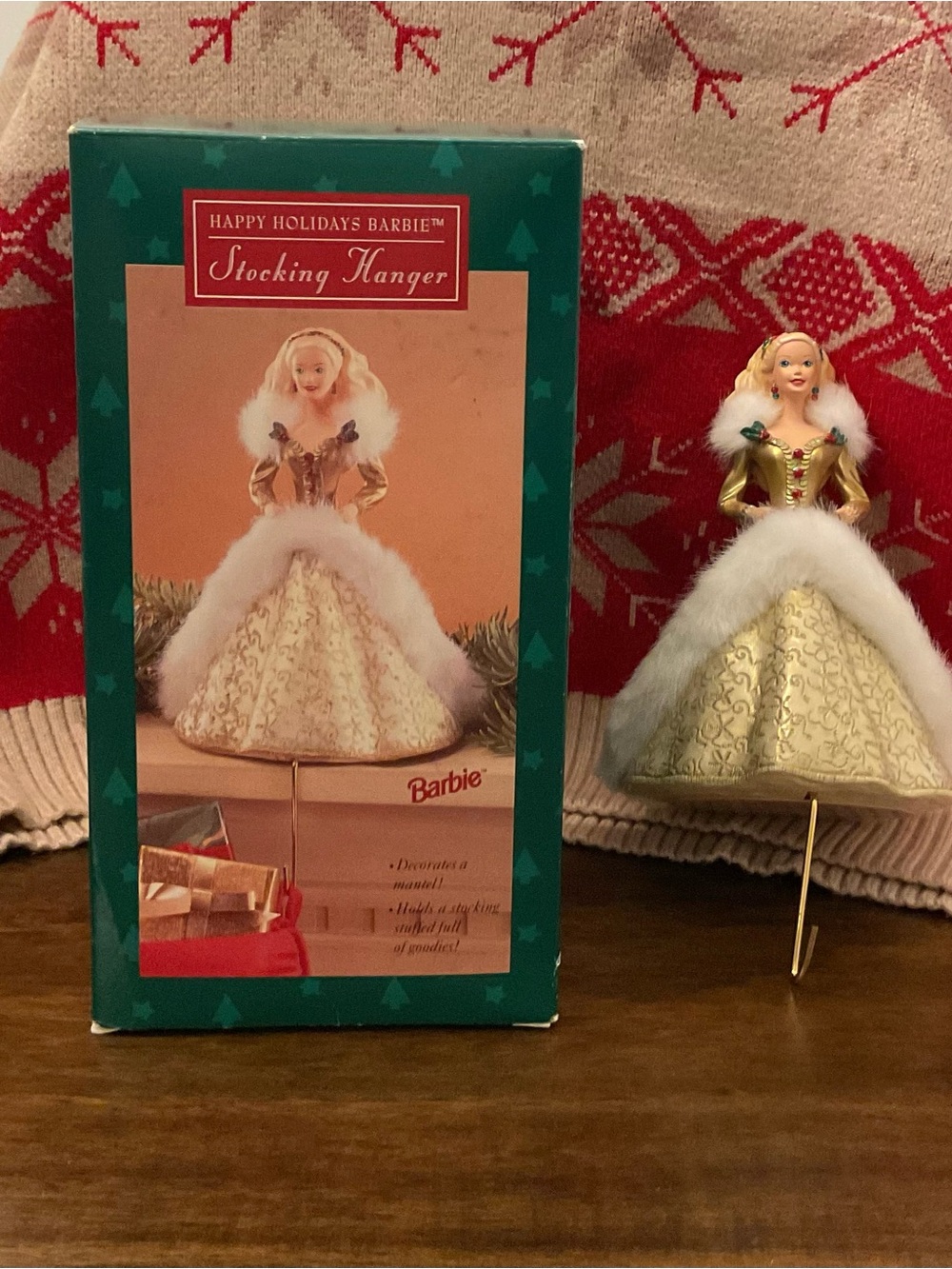 Hallmark Happy Holidays Barbie Stocking Hanger - Gold & White. Vintage.